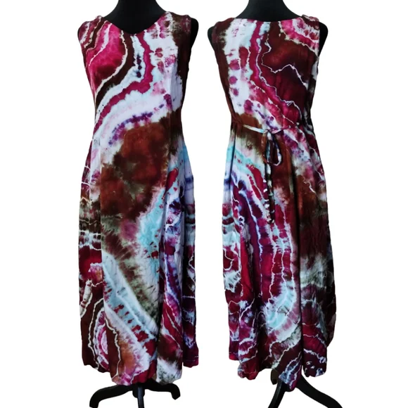Small Maxi Length Tie Back Sleeveless Dress Geode Tie Dye Raspberry Lace - Picture 5 of 9